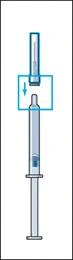 Syringe with needle, into which an ampoule of medication is being inserted; an arrow indicates the direction of inserting the ampoule into the syringe for filling