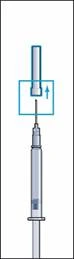 Syrine with needle drawing solution from a vial, with an arrow indicating the direction of pulling liquid into the syringe