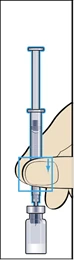 Hand holding a syringe, inserting the needle into an ampoule to draw solution, with an arrow indicating downward movement of the plunger