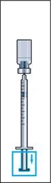 Syringe with removed cap, needle inserted, volume markings visible, placed vertically with downward arrow in a blue square beneath