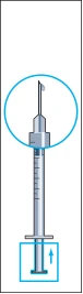 Syringe with needle, showing solution level, with upward arrow indicating direction of solution administration, and a magnified view of the needle in a circle