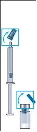 Syringe with needle inserted into an ampoule, arrow around it indicating mixing solution, another arrow showing drawing solution into the syringe