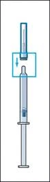 Syringe with needle inserted into an ampoule, arrow indicating pressing the plunger to draw solution