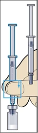 Hand holding a syringe, inserting needle into an ampoule to draw solution, second syringe standing nearby, ready for use