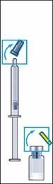Syringe with needle inserted into an ampoule, arrows around indicate direction of rotation for drawing solution