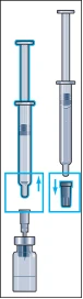 Syringe with needle inserted into the ampoule's stopper, then syringe is lifted to draw solution, and needle is removed from the ampoule