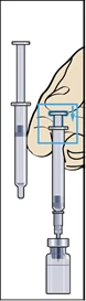 Hand holding a syringe, inserting needle into an ampoule to draw solution, another filled syringe nearby, ready for injection