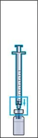 Syringe with needle inserted into the ampoule's stopper, arrow indicating downward movement of the plunger to draw solution