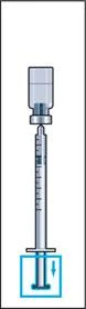 Syringe with measurement scale, filled with liquid, needle inserted into an ampoule, with a downward arrow in a blue square
