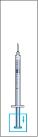 Syringe with needle placed vertically, with downward arrow indicating direction of plunger depression to administer solution