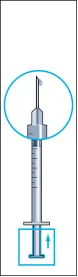 Syringe with needle, showing liquid level, with upward arrow indicating direction of plunger movement for drawing or administering liquid