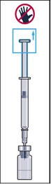 Syringe with needle inserted into an ampoule, a 'do not touch' hand prohibition sign above, arrow indicating lifting the plunger to draw solution