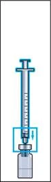 Syringe with needle inserted into the ampoule's stopper, arrow indicating direction of drawing solution into the syringe