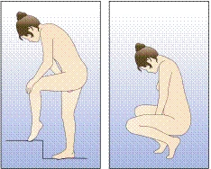 A woman demonstrating two body positions: in the first, standing on one leg while raising the other onto a step; in the second, squatting on heels with bent knees