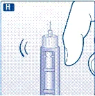 Hand pressing the plunger of an injection pen, administering medication into the skin, with an 'H' symbol in the corner and sound waves near the device