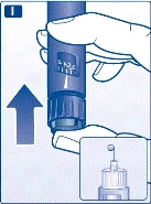 Hand holding a blue injection pen, pulling the plunger upward, with a detailed side view of the needle and dosing mechanism