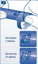 Hand holding an injection pen displaying dose settings of 5 units and 24 units, with a detailed close-up of the dose scale