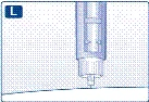 Syringe with needle inserted at a 45-degree angle into the skin, letter L in the upper left corner indicating the left hand or side of the body