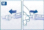 Hand administering an intramuscular injection, arrow indicating the direction of needle movement, letter M marking the injection site