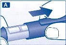 Hand pressing the plunger of an injection pen, administering medication into the skin at an angle, with an arrow indicating the direction of plunger movement