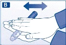 Hands holding a cylindrical device, one finger pressing on it, the other supporting, with arrows indicating left and right movements