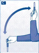 Hand holding a syringe vertically, the other hand performing a rotational motion to administer the medication, direction indicated by an arrow