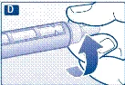 Hand rotating the syringe clockwise to set the medication dose, against a blue square with the letter D