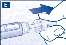 Hand holding a syringe, inserting the needle through the rubber stopper of a vial, with an arrow indicating the direction for drawing up the solution