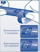 Hand holding a pen injector with dose displays showing 5 units and 24 units, with numbers 4–6 and 24–26 visible on the screens