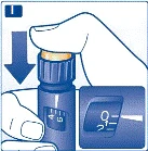 Hand pressing the cap of a medication vial to set a dose of 0.2 mL, displayed on the dosage scale