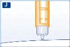 Syringe with orange body and transparent needle, positioned vertically, ready for injection