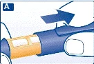 Hand holding a blue injector with an orange body, pressing the button to administer medication, with an arrow indicating the direction of action