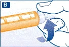 Hand holding an orange pen injector, pressing it to deliver medication into the skin, with an arrow indicating the direction of rotation