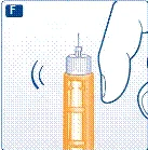 Hand holding an orange-bodied pen injector with the needle pointing upward, vibration symbols and an 'F' in a square visible around it