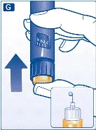 Hand holding a blue pen injector, lifting it upward, with an inset showing details of the dosing mechanism and needle