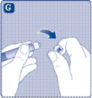 Manos abriendo un frasco de medicamento, retirando la tapa, con flecha indicando la dirección del movimiento, sobre fondo gris con patrón pixelado