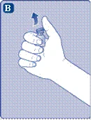 Mano sujetando un frasco de medicamento, los dedos rodean el cuerpo del frasco, el dedo índice presiona la tapa que se abre hacia arriba