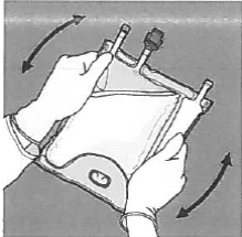 Hands holding a medical device with two handles moving in opposite directions, demonstrating the device's operating mechanism