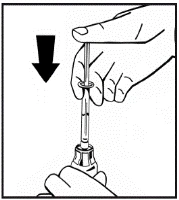 A hand pressing the plunger of a syringe to inject liquid into an ampoule, the other hand holding the ampoule, black arrow indicating the direction of plunger pressure