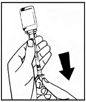 A hand holding a syringe with an ampoule attached, the other hand pressing the plunger down, arrow indicating the direction of plunger movement to draw up the solution
