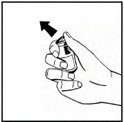 Mano sujetando un inhalador, dedo presionando el botón, flecha indicando la dirección de liberación del medicamento hacia arriba