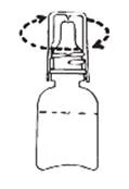 A bottle with a cap that must be turned clockwise to open, with the direction of rotation indicated by a dashed arrow