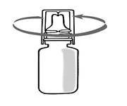 A bottle with a cap that must be turned clockwise to open, with an arrow indicating the direction of rotation
