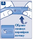 Ręce trzymają niebieski długopis strzykawkowy, wskaźnik wskazuje symbol kontroli przepływu, poniżej znajduje się ikona z napisem 1 mg