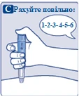 Ręka trzyma długopis strzykawkowy, palce naciskają przycisk, nad nimi bąbelek z cyframi 1-2-3-4-5-6, po lewej litera C oraz napis Licz powoli