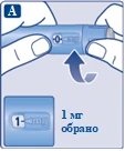 Ręce trzymają niebieski dawkownik, obracając go w celu wybrania dawki 1 mg, z napisem wybrano 1 mg oraz ikoną dawkownika z cyfrą 1