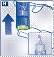 Mano che tiene la penna siringa sollevandola verso l'alto, con anello verde visibile e componente meccanica in basso per la somministrazione del farmaco