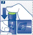 Mano che preme il coperchio verde di un flacone di farmaco, con display digitale che mostra la dose e freccia verso il basso