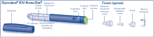 Penna siringa automatica Protaphan NM FlexPen con componenti smontati: corpo, pulsante, scala della dose, selettore della dose, tappo esterno e interno dell'ago, ago e membrana protettiva