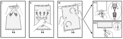 Instructions for using a medical device: hands performing assembly, pressing, rotating, and inserting the needle into the skin at various angles